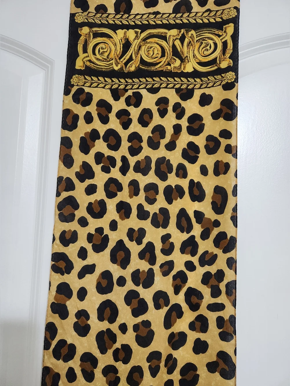 VINTAGE Anne Klein Whimsical Leopard Print Long Scarf in Tan, Black, Gold